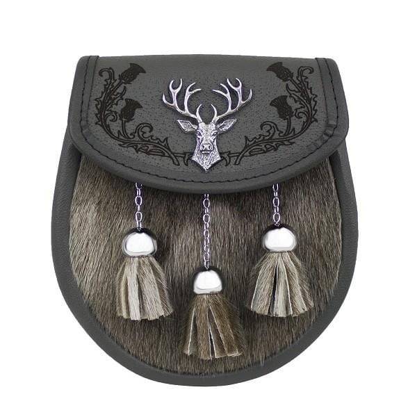The Stag Mount Grey Leather Semi-Dress Sporran  (GMSD26 GE) - MacGregor and MacDuff