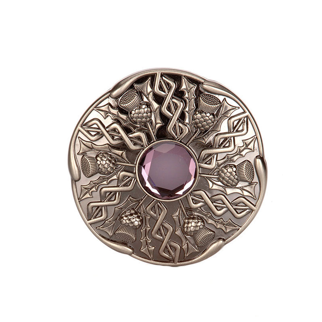 Celtic Thistle Stone Polished Chrome Plaid Brooch - MacGregor and MacDuff