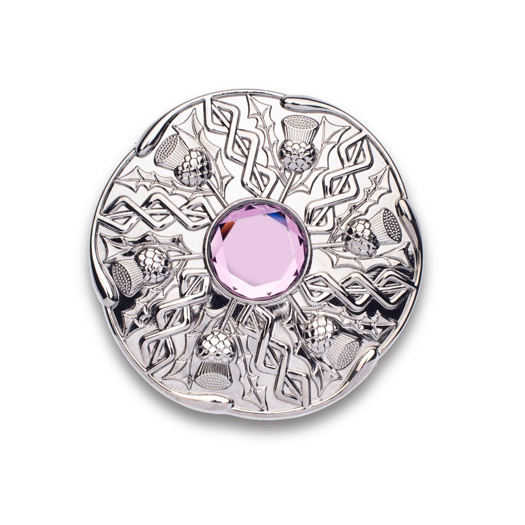Celtic Thistle Stone Polished Chrome Plaid Brooch - MacGregor and MacDuff